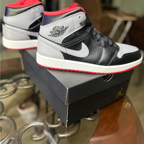 Nike Air Jordan1 mid Black and Gray Sneakers with Red Accents - Picture 2 of 9